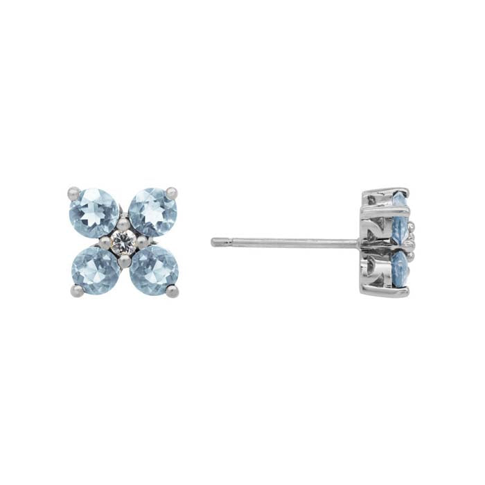 Mountz Collection Aquamarine and Diamond Flower Stud Earrings in 14K White Gold