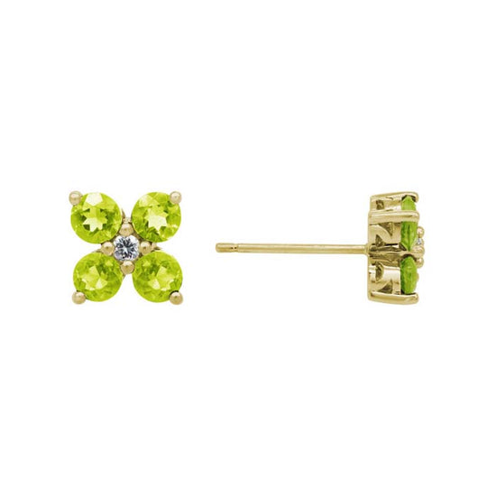 Mountz Collection Peridot and Diamond Flower Stud Earrings in 14K Yellow Gold