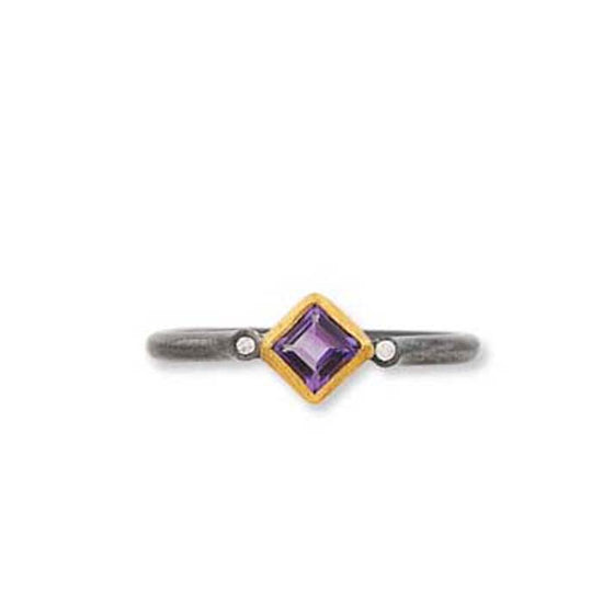 Lika Behar Jaipur Ring with Amethyst and Diamonds in Oxidized Sterling Silver and 22K Yellow Gold