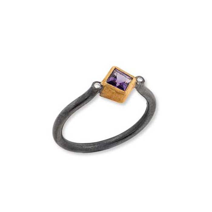 Lika Behar Jaipur Ring with Amethyst and Diamonds in Oxidized Sterling Silver and 22K Yellow Gold