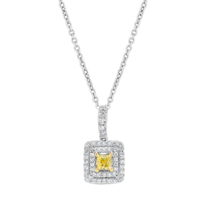 Mountz Collection Yellow Cushion Double Diamond Halo Pendant in 18K White and Yellow Gold