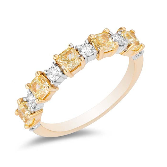 Mountz Collection Alternating Fancy Light Yellow Cushion and White Round Diamond Ring in 18K Yellow and White Gold