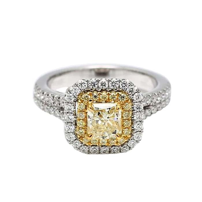 Mountz Collection Radiant Cut Yellow Diamond Halo Ring in Platinum and 18K Yellow Gold