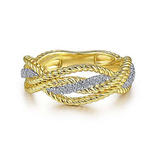 Gabriel & Co. Twisted Rope and Diamond Intersecting Ring in 14K Yellow and White Gold