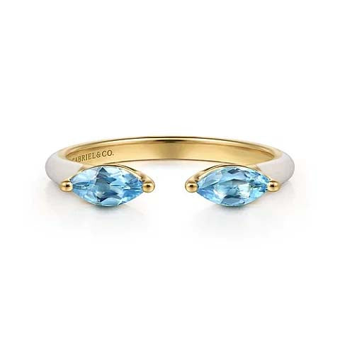 Gabriel & Co. Marquise Blue Topaz Open Stackable Ring in White Enamel and 14K Yellow Gold