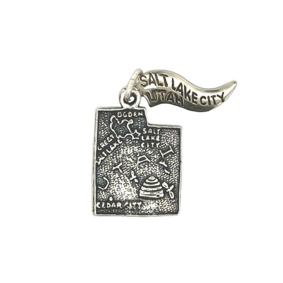 Estate Utah Map Charm with Salt Lake City Banner in Sterling Silver