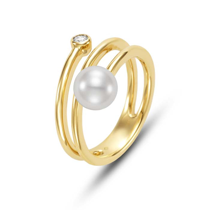 Mastoloni 7-7.5mm Freshwater Cultured Pearl 3X Spiral Bypass Ring with Bezel Set Diamond in 18K Yellow Gold