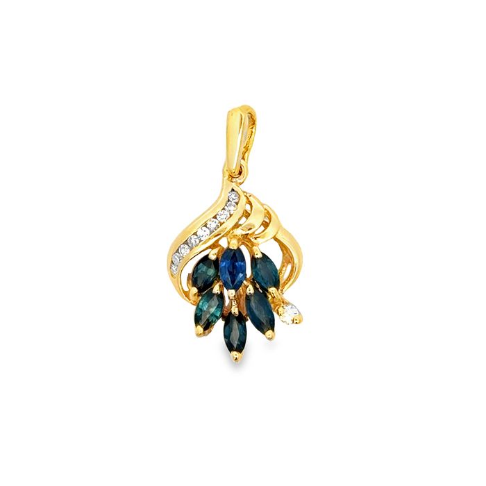 Estate Sapphire and Diamond Cluster Pendant in 14K Yellow Gold