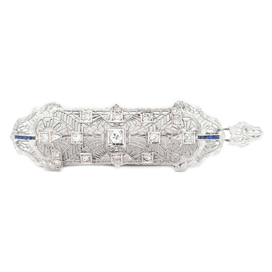 Estate Diamond and Blue Sapphire Filigree Pin/Pendant in Platinum and 14K White Gold