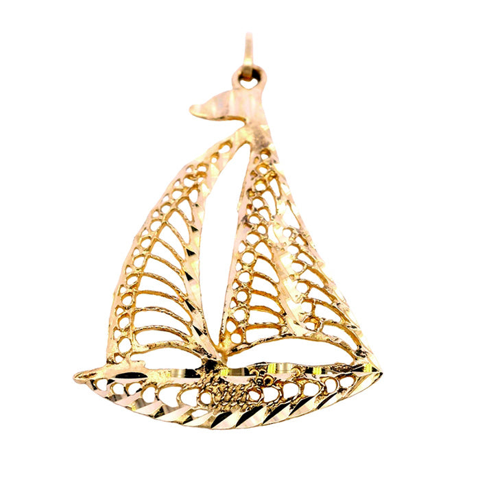 Estate Diamond-Cut Sailboat Pendant in 14K Yellow Gold