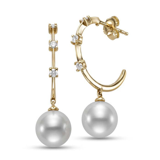 Mastoloni 9-9.5 Freshwater Cultured Pearl J-Hoop Earrings with Diamond Accents in 18K Yellow Gold