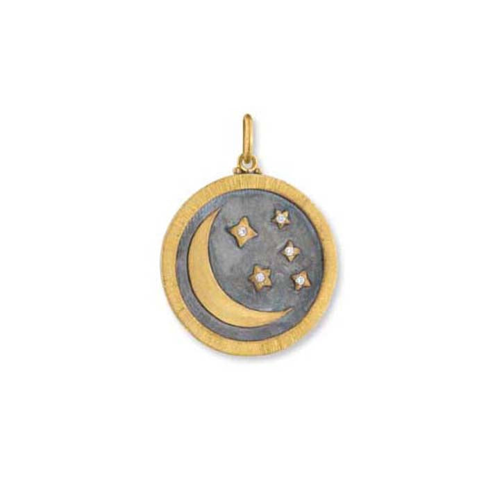 Lika Behar Half Moon and Stars Pendant Necklace with Diamonds in 24K Yellow Gold and Oxidized Sterling Silver