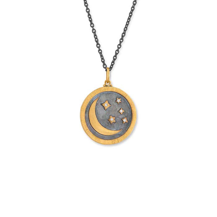 Lika Behar Half Moon and Stars Pendant Necklace with Diamonds in 24K Yellow Gold and Oxidized Sterling Silver