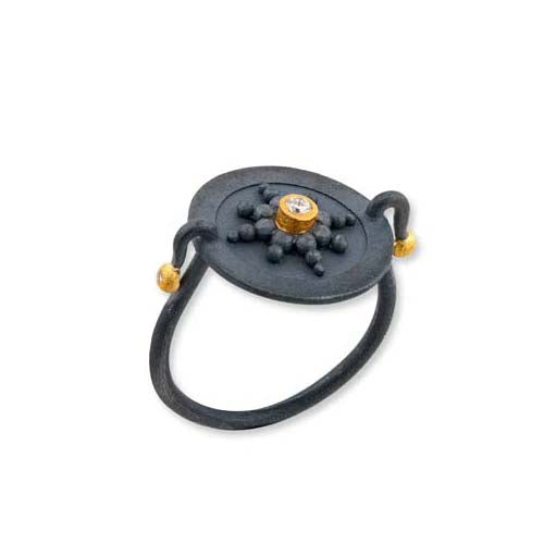 Lika Behar Medallion Compass Ring with Diamond in 24K Yellow Gold and Oxidized Sterling Silver