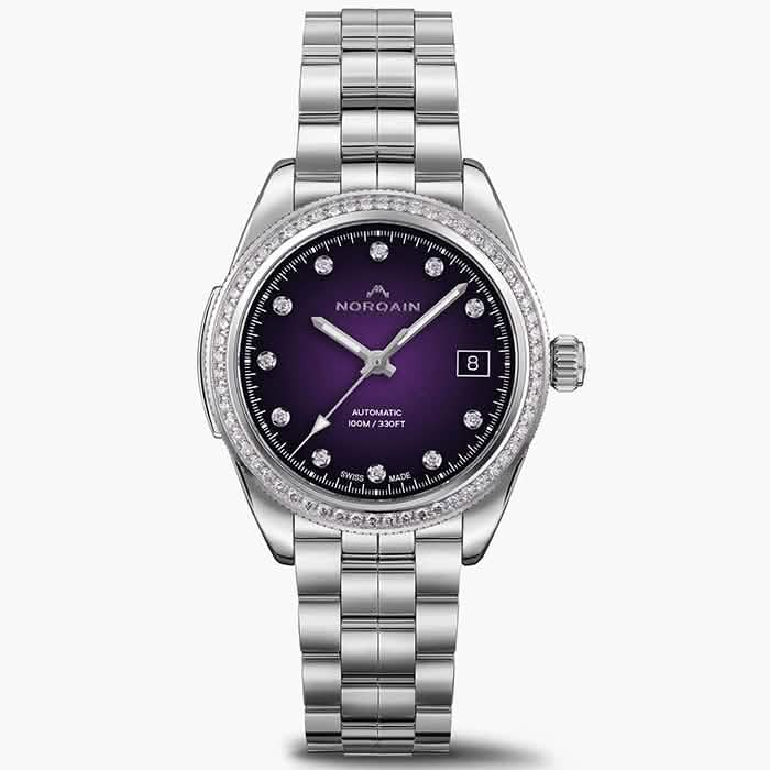 NORQAIN 37mm Adventure Sport Automatic Watch with Purple Gradient Diamond Dial and Diamond Bezel in Stainless Steel