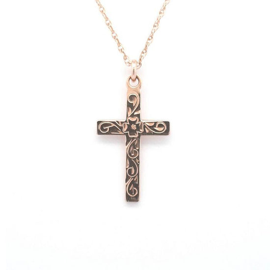 Estate Engraved Cross Necklace in 14K Yellow Gold