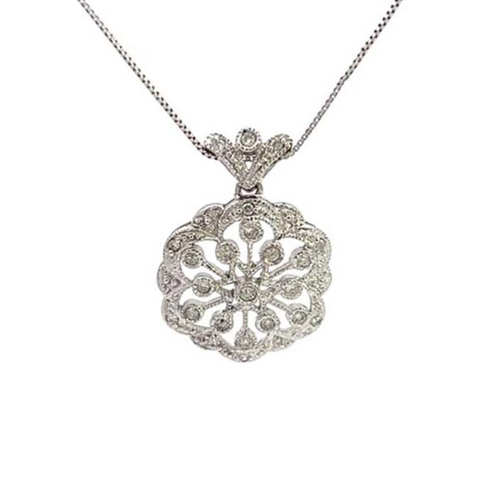 Estate Filigree Hexagonal Diamond Pendant Necklace in 14K White Gold