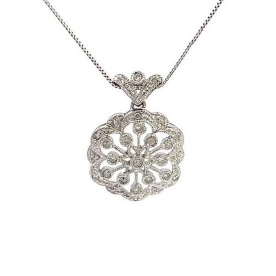 Estate Filigree Hexagonal Diamond Pendant Necklace in 14K White Gold