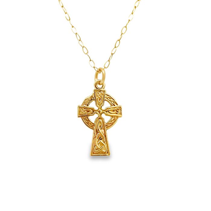 Estate Celtic Cross Pendant Necklace in 14K Yellow Gold