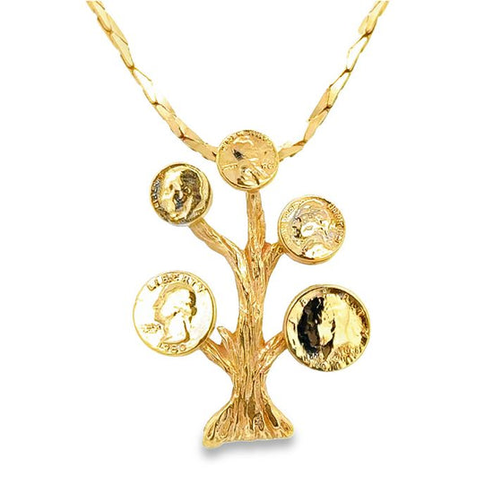 Estate Money Tree Pendant and Herringbone Chain in 14K Yellow Gold