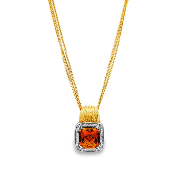 Estate Spark Creations Citrine and Diamond Pendant on Triple Strand Chain in 18K Yellow Gold