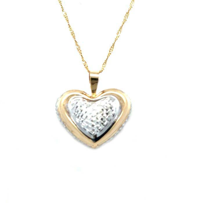 Estate Heart Charm Pendant Necklace in 14K Yellow Gold and Rhodium Plating on 18K Yellow Gold Chain