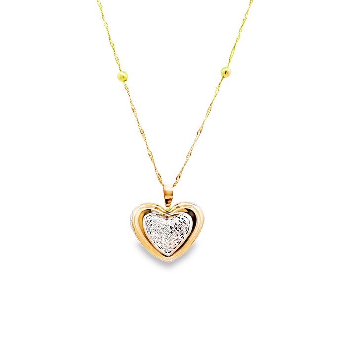 Estate Heart Charm Pendant Necklace in 14K Yellow Gold and Rhodium Plating on 18K Yellow Gold Chain