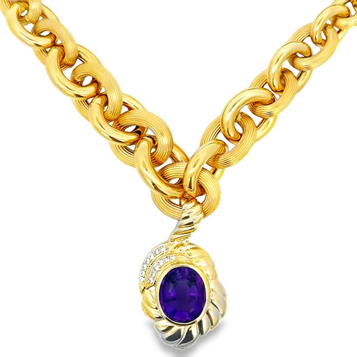 Estate 16" Link Necklace with Amethyst and Diamond Pendant in 14K Yellow Gold