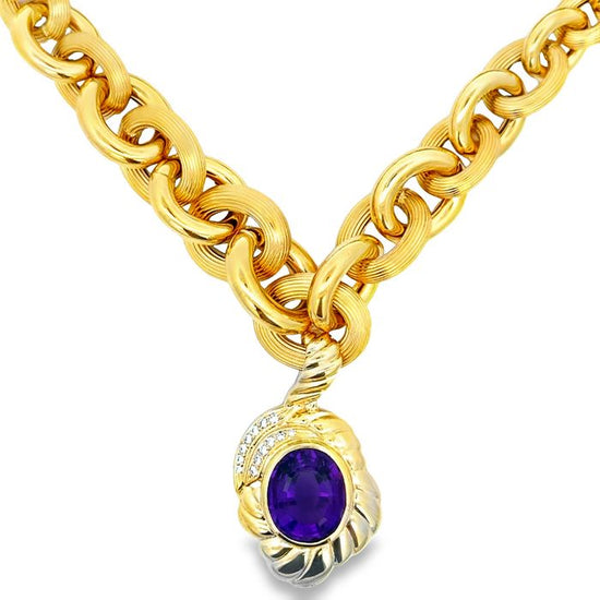 Estate 16" Link Necklace with Amethyst and Diamond Pendant in 14K Yellow Gold