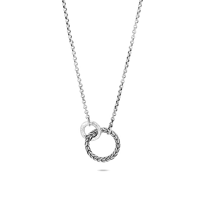 Palu  and Classic Chain Interlocking Station Necklace in Sterling Silver - 18MM Open Classic Chain detail Circle  attached to 11MM Open Palu Hammered Circle, Station set on 18" 2mm Mini Rolo Chain with Lobster Clasp and jump rings at 20" and 22