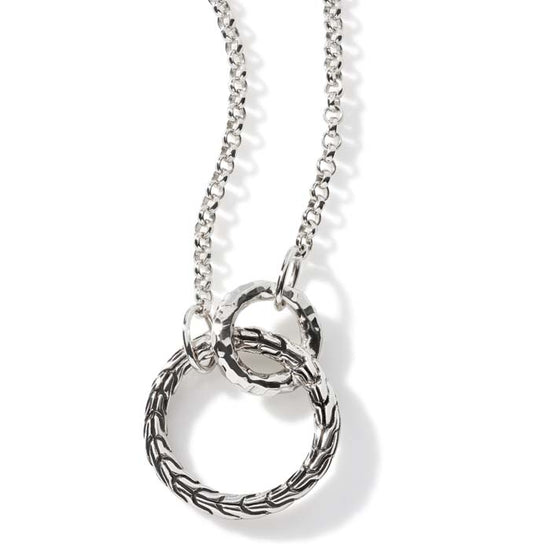 Palu  and Classic Chain Interlocking Station Necklace in Sterling Silver - 18MM Open Classic Chain detail Circle  attached to 11MM Open Palu Hammered Circle, Station set on 18" 2mm Mini Rolo Chain with Lobster Clasp and jump rings at 20" and 22