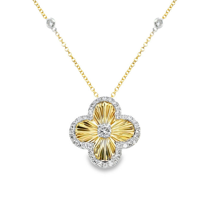 Mountz Collection Diamond-Cut Sunburst Clover Pendant Necklace with Diamonds in 14K Yellow and White Gold