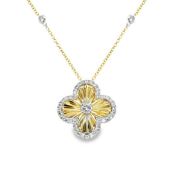 Mountz Collection Diamond-Cut Sunburst Clover Pendant Necklace with Diamonds in 14K Yellow and White Gold