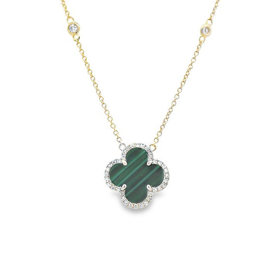 Mountz Collection Malachite and Diamond Clover Pendant Necklace in 14K Yellow Gold