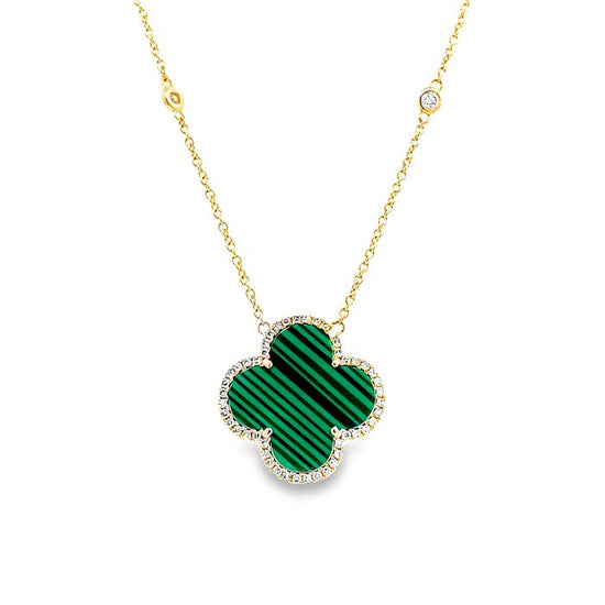 Mountz Collection Malachite Clover Pendant Necklace with Diamonds in 14K Yellow Gold