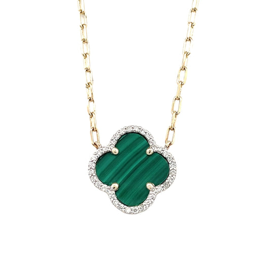 Mountz Collection Malachite and Diamond Clover Pendant Necklace in 14K Yellow Gold