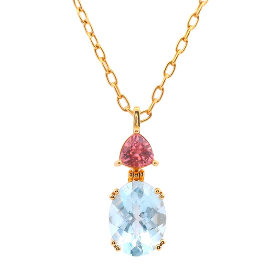 Roger Dery Pink Zircon and Aquamarine Pendant in 14K Yellow Gold