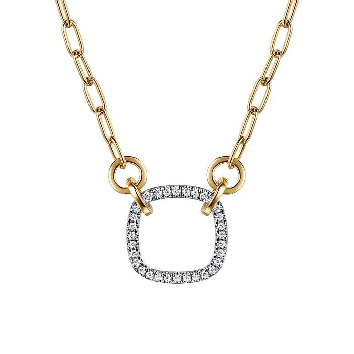 Gabriel & Co. Contemporary Open Cushion Shape Diamond Hallow Paper Clip Necklace in 14K White and Yellow Gold