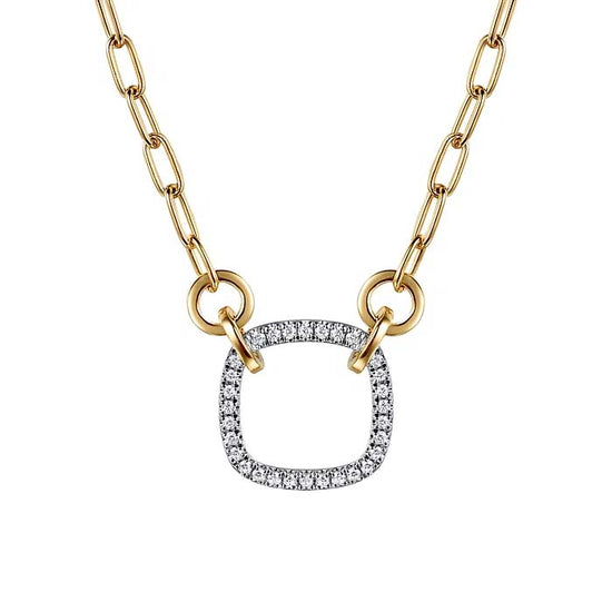 Gabriel & Co. Contemporary Open Cushion Shape Diamond Hallow Paper Clip Necklace in 14K White and Yellow Gold