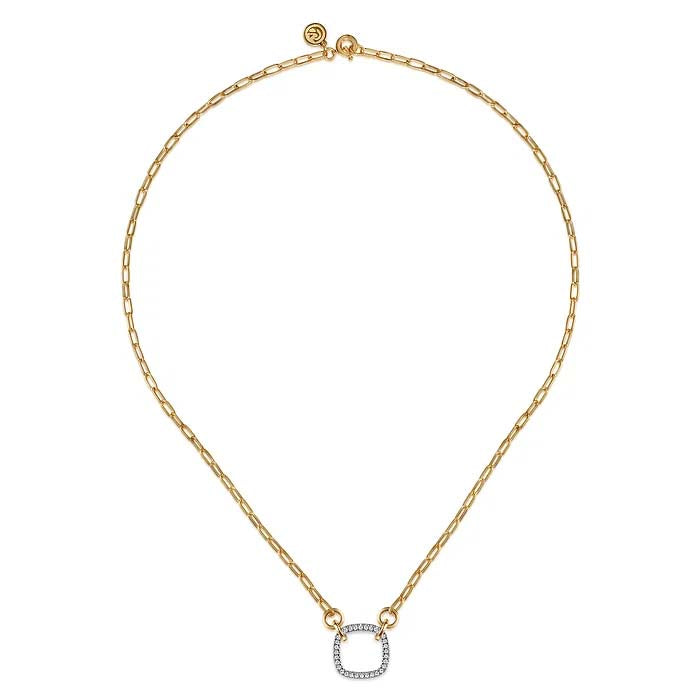 Gabriel & Co. Contemporary Open Cushion Shape Diamond Hallow Paper Clip Necklace in 14K White and Yellow Gold