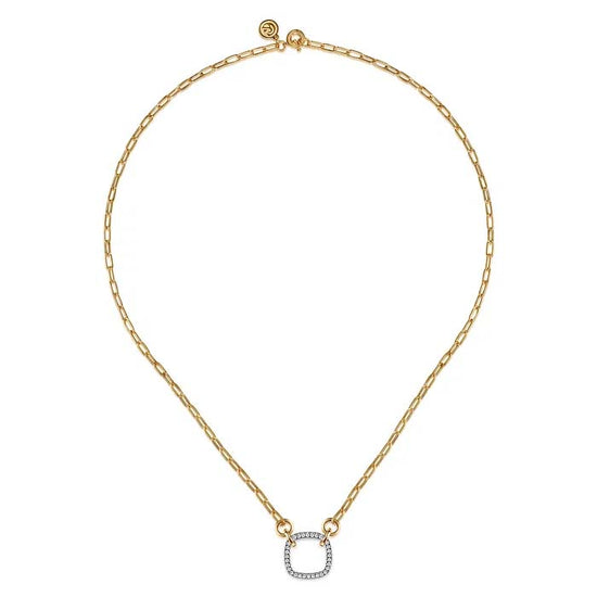 Gabriel & Co. Contemporary Open Cushion Shape Diamond Hallow Paper Clip Necklace in 14K White and Yellow Gold