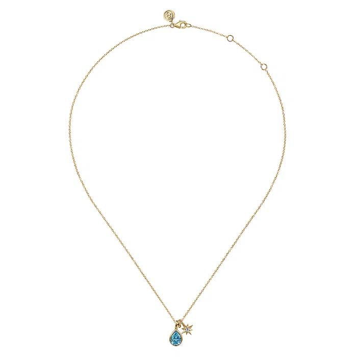 Gabriel & Co. Lasso Blue Topaz and Diamond Pendant Necklace in 14K Yellow Gold