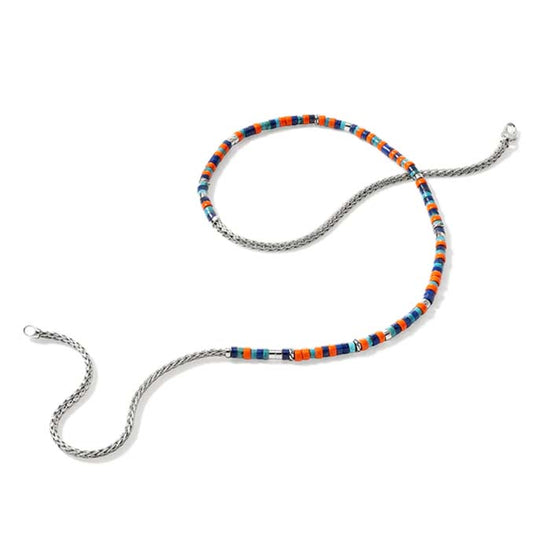 John Hardy 24" Lapis and Turquoise with Orange Enamel Heishi Chain Necklace in Sterling Silver