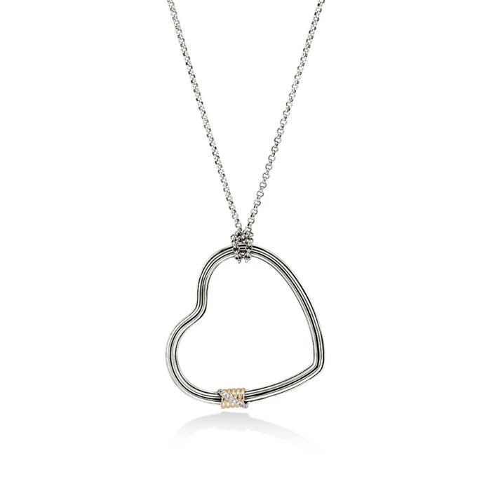 John Hardy Bamboo Heart Pendant Necklace with Diamonds in Sterling Silver and 14K Yellow Gold