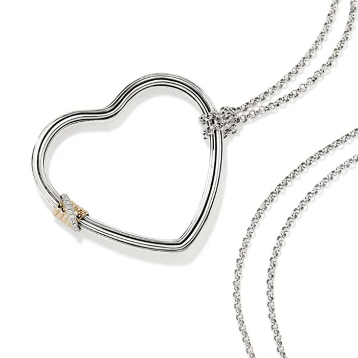 John Hardy Bamboo Heart Pendant Necklace with Diamonds in Sterling Silver and 14K Yellow Gold