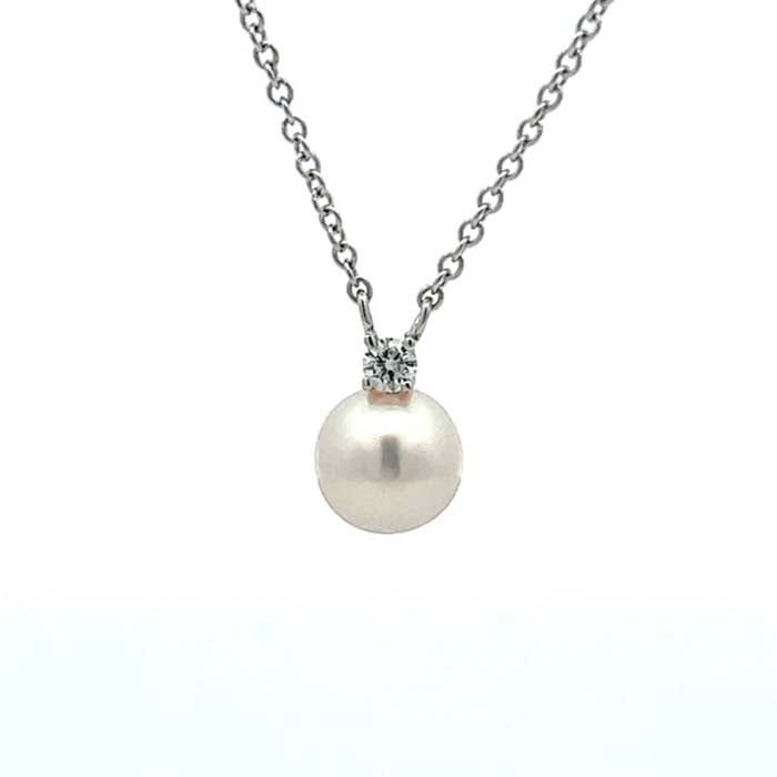 Mountz Collection Japanese Cultured Pearl and Diamond Station Necklace in 14K White Gold