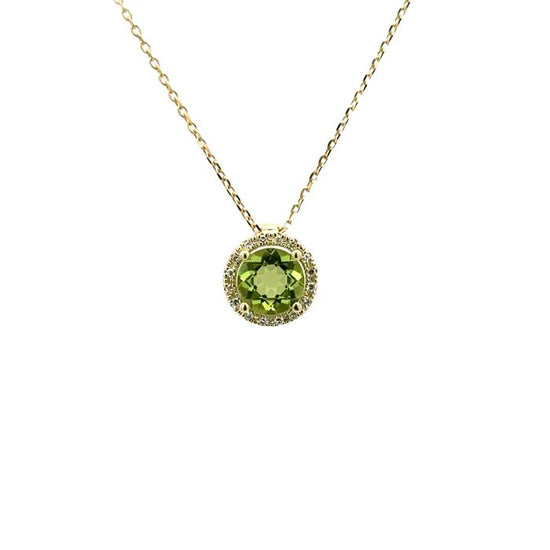 Mountz Collection Peridot with Diamond Halo Pendant Necklace in 14K Yellow Gold