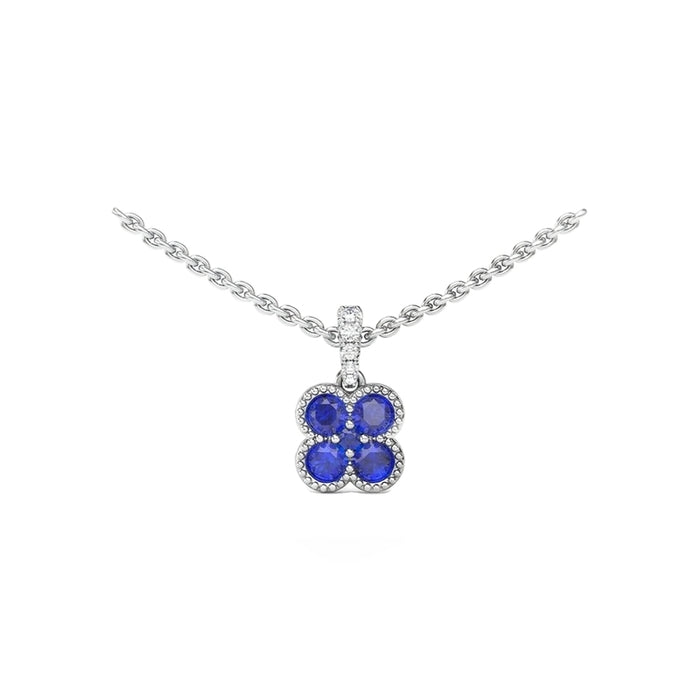 Fana Magnolia Milgrain Sapphire Pendant Necklace in 14K White Gold