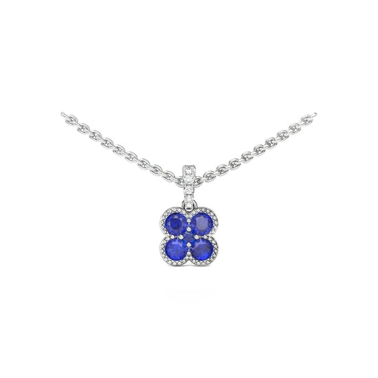 Fana Magnolia Milgrain Sapphire Pendant Necklace in 14K White Gold