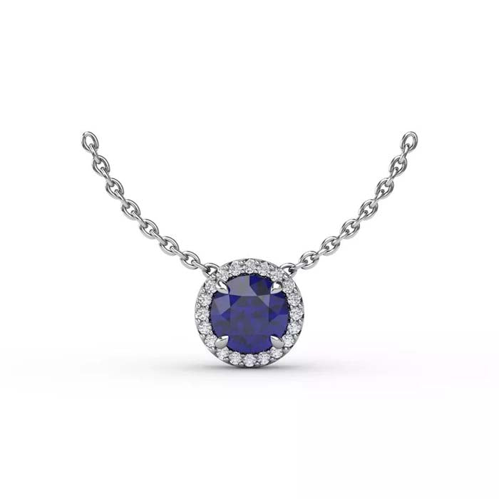 Fana Sapphire and Diamond Halo Pendant Necklace in 14K White Gold